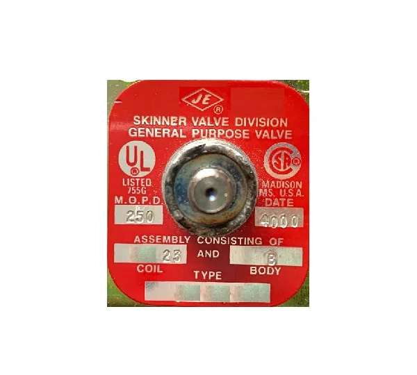 Parker JE solenoid valve nameplate with UL and CSA listings, MOPD 250 psi